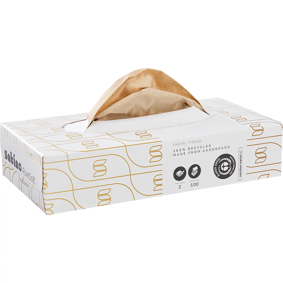 Weiße Kosmetiktücherbox von Satino mit braunem, recyceltem Tuch, das oben herausragt.