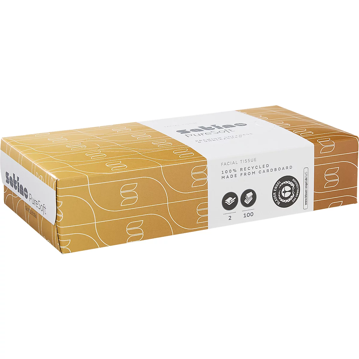 Eine rechteckige Kosmetiktücher-Box von Satino PureSoft mit ockerfarbenem Muster und weißem Infobereich.