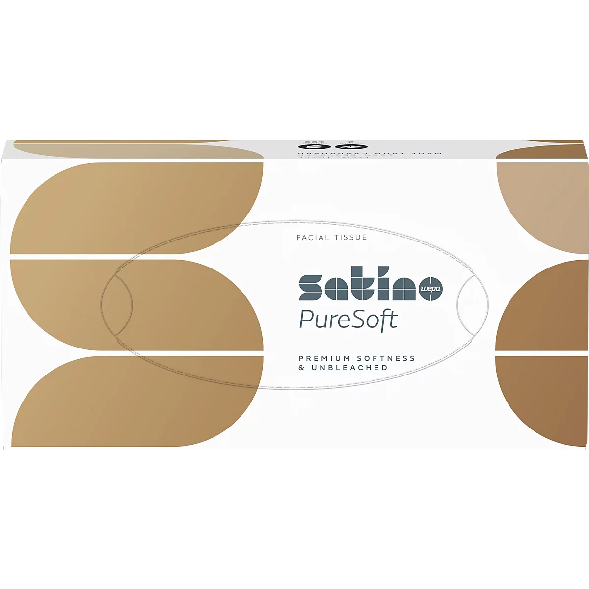 Taschentücher-Box mit braun-goldenen Designs und dem Schriftzug 'Satino PureSoft'.