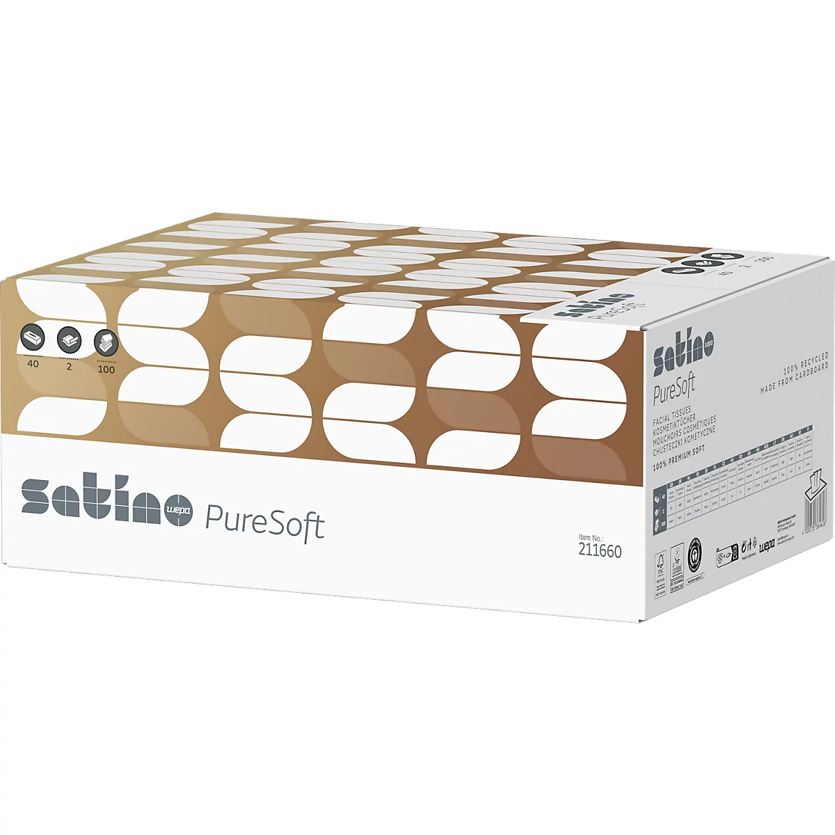 Eine rechteckige Box mit Kosmetiktüchern der Marke Satino. Aufdrucke in Braun und Weiß, 'PureSoft' deutlich lesbar.