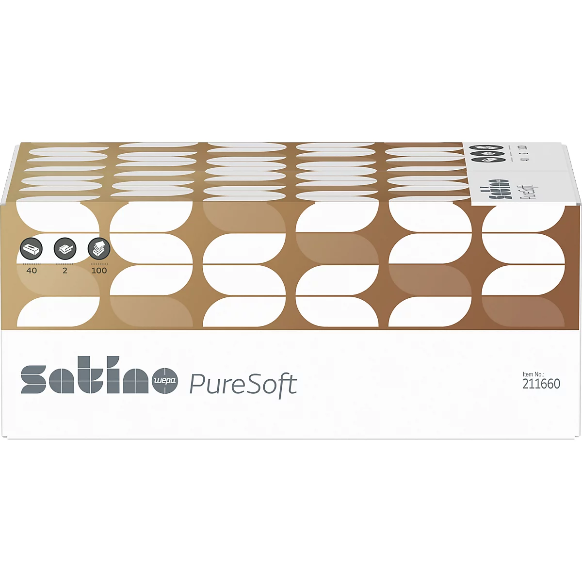 Box mit Papiertaschentüchern, braunes und weißes Muster. Aufschrift: Satino PureSoft.