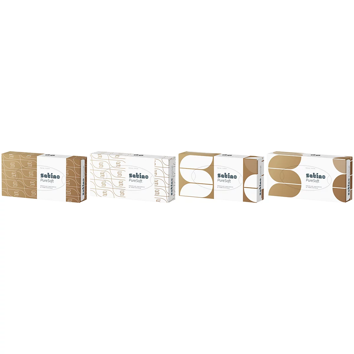 Reihe von vier Seifenverpackungen in verschiedenen Designs. Aufgedruckt ist der Name "Sakino PureSoft".