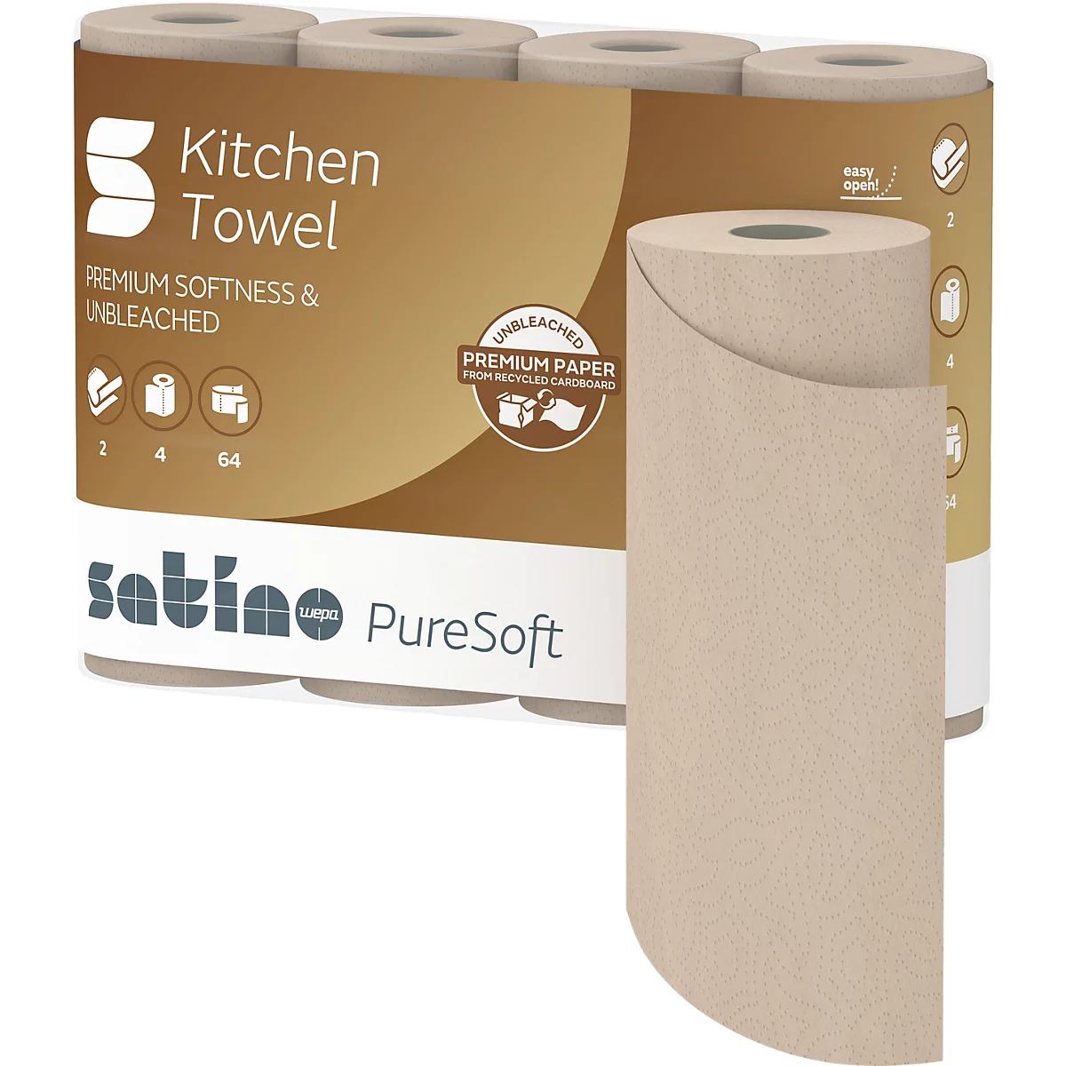 Küchenpapier-Packung, geöffnet, zeigt eine Rolle. Aufschrift: Kitchen Towel, Premium Softness & Unbleached. Marke: Satino PureSoft.