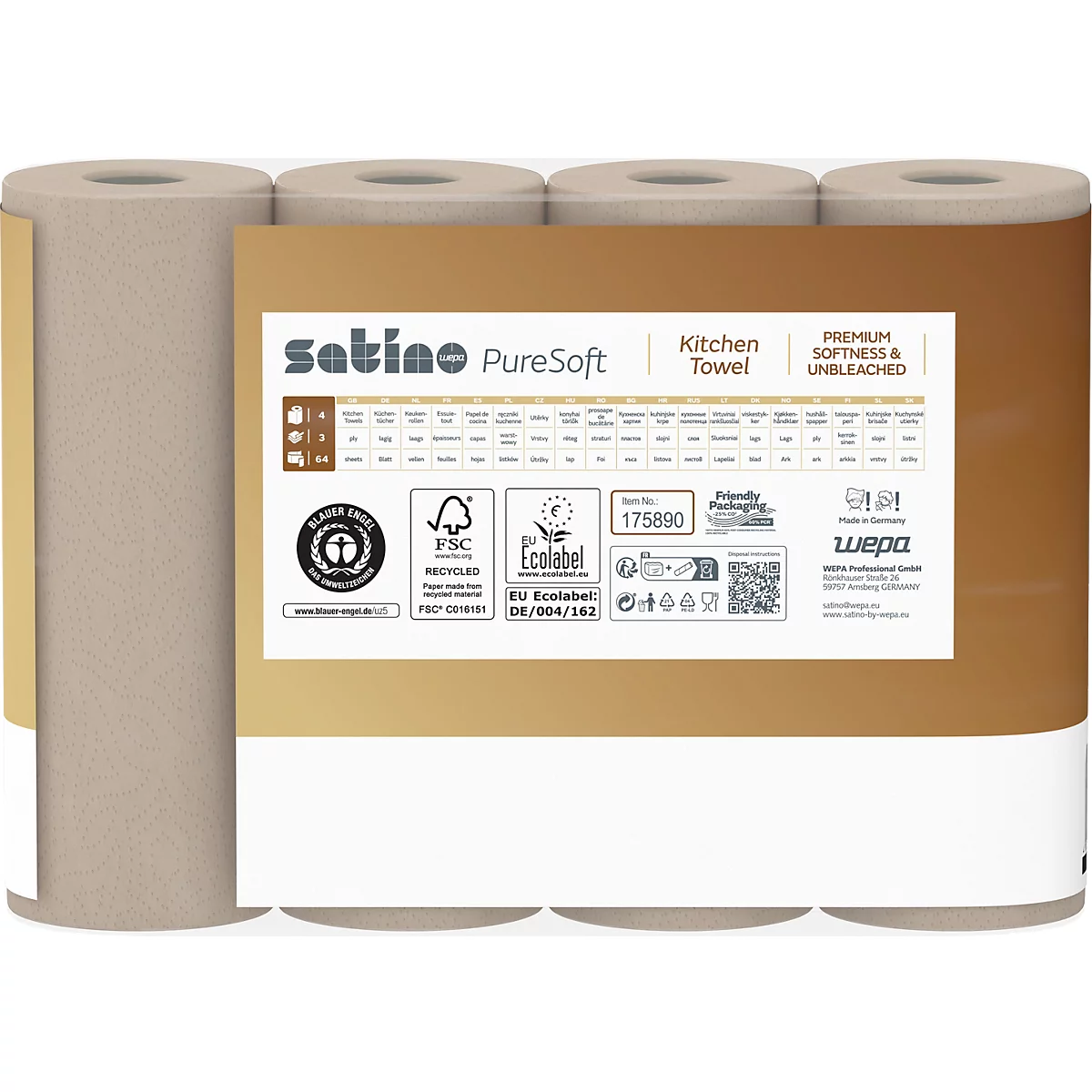 Mehrere Rollen Küchenpapier, verpackt in braunem Karton. Aufdruck mit Produktname, Logo und Siegeln, die nachhaltige Herstellung belegen.