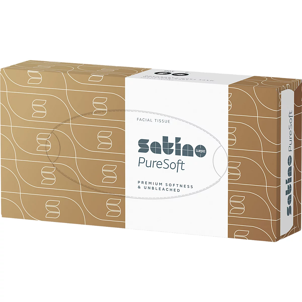 Een rechthoekige doos met een bruin patroon en een witte centrale streep, gelabeld met Satino PureSoft gezichtstissues.