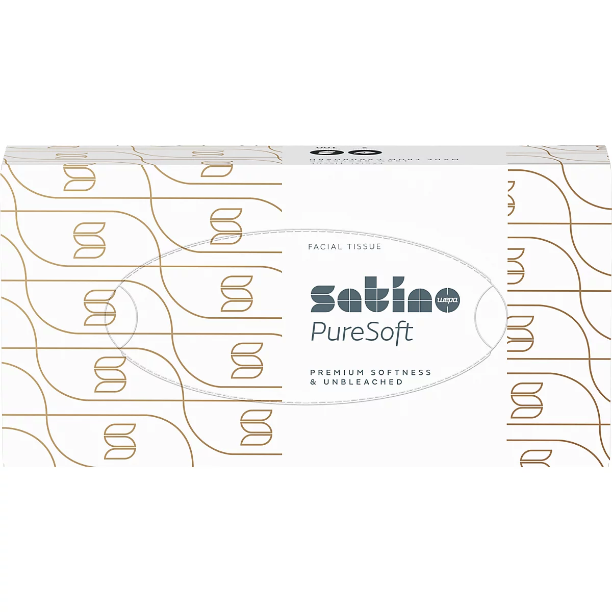 Witte Satino PureSoft tissues doos met bruin patroon en belettering.