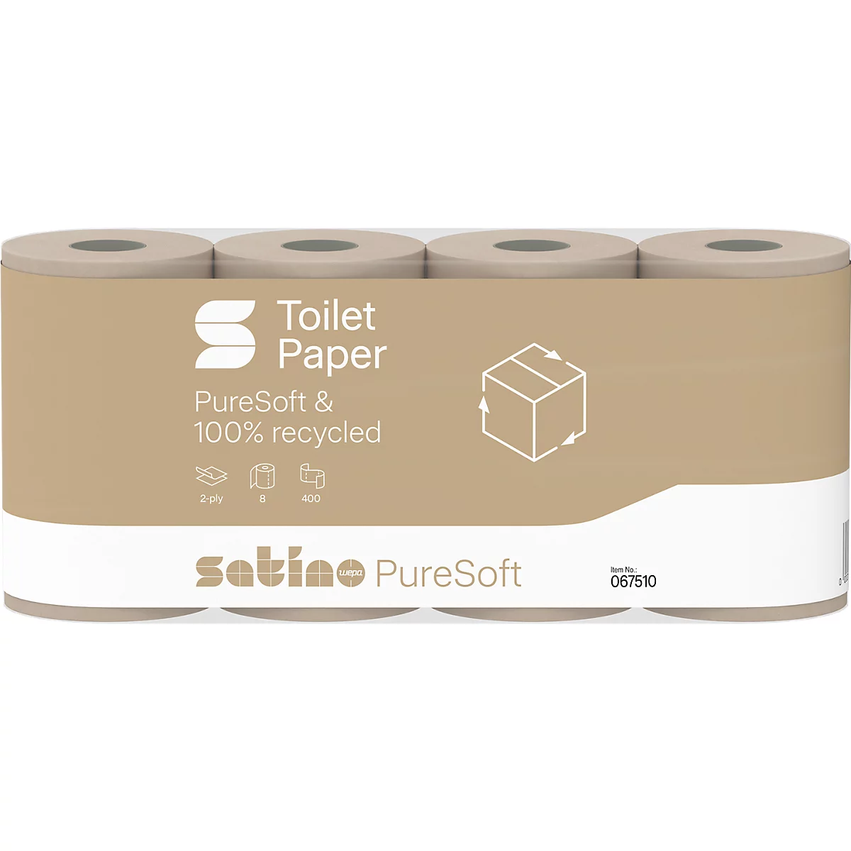 Vier rollen Satino PureSoft toiletpapier in bruine gerecyclede verpakking met wit logo en tekst.