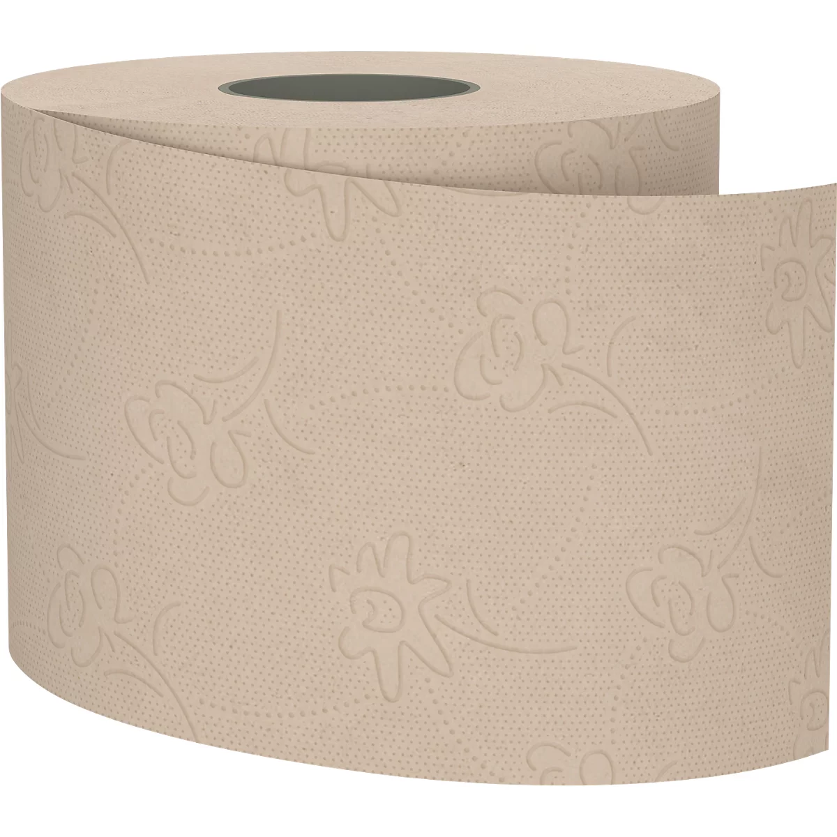 Rol toiletpapier met ingeslagen bloemenpatroon, beige.