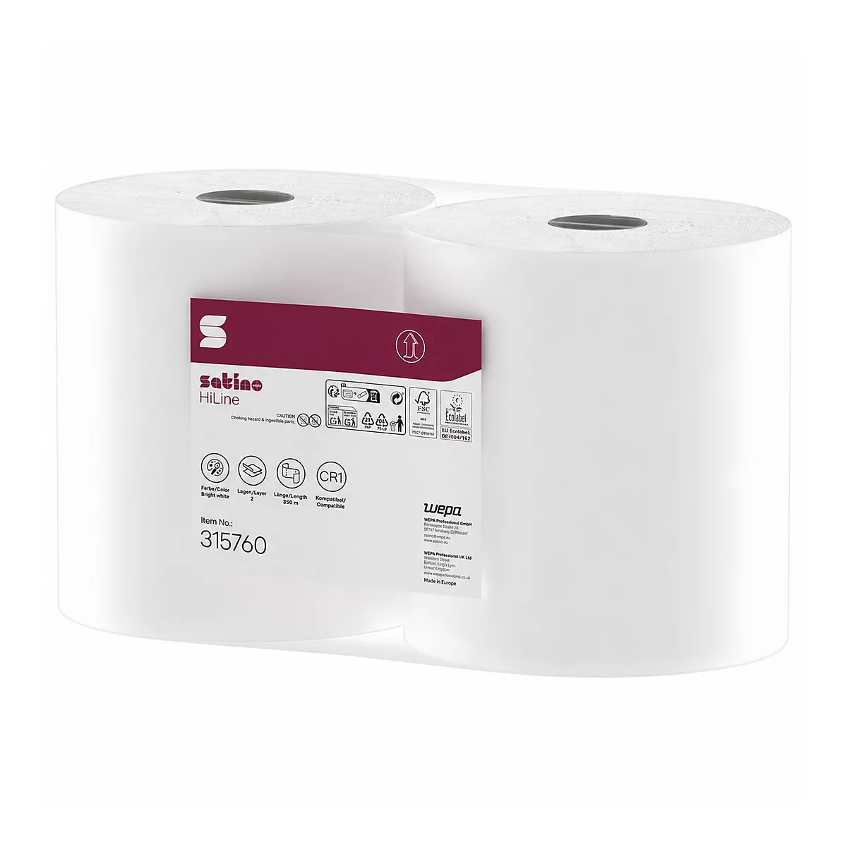 Zwei weiße Rollen Handtuchpapier mit einem Etikett von Satino HiLine, Artikelnummer 315760, auf weißem Hintergrund.