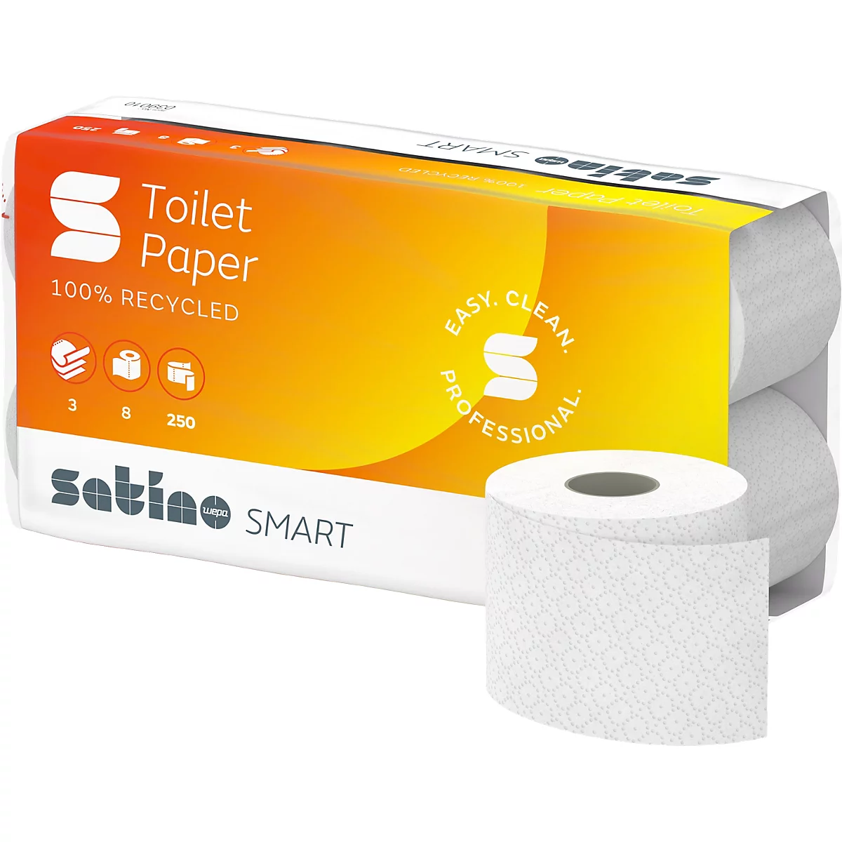 Pakje toiletpapier met een losse rol ervoor. Opschrift: Satino SMART, 100% gerecycled. Oranje-gele achtergrond.
