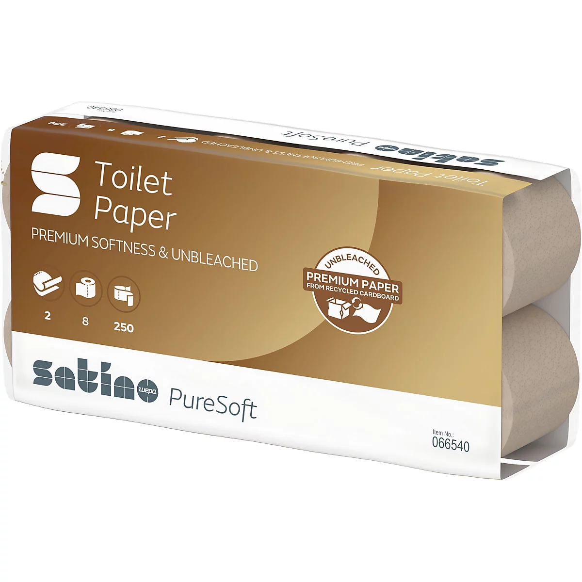 Packung Toilettenpapier mit Schriftzug 'Toilet Paper'. Ungebleichtes Papier, Premium Weichheit.