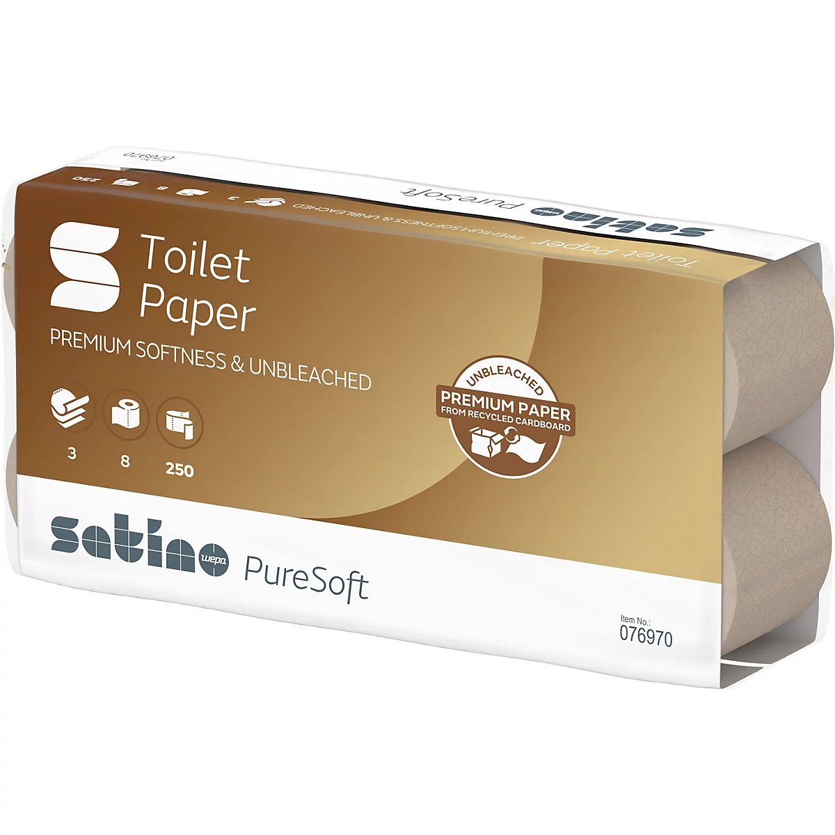 Packung Toilettenpapier mit "Premium Softness & Unbleached" Schriftzug. Braune Rollen in einer transparenten Hülle.
