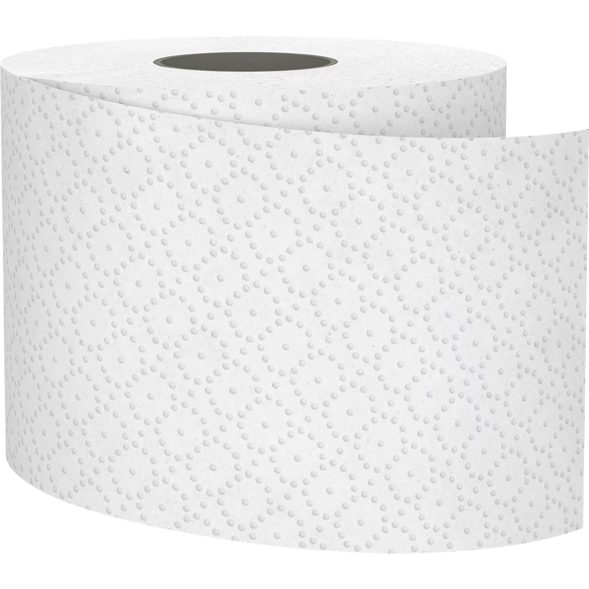 Nahaufnahme einer Toilettenpapierrolle, die sich abwickelt. Die Oberfläche ist mit einem gepunkteten Muster versehen.