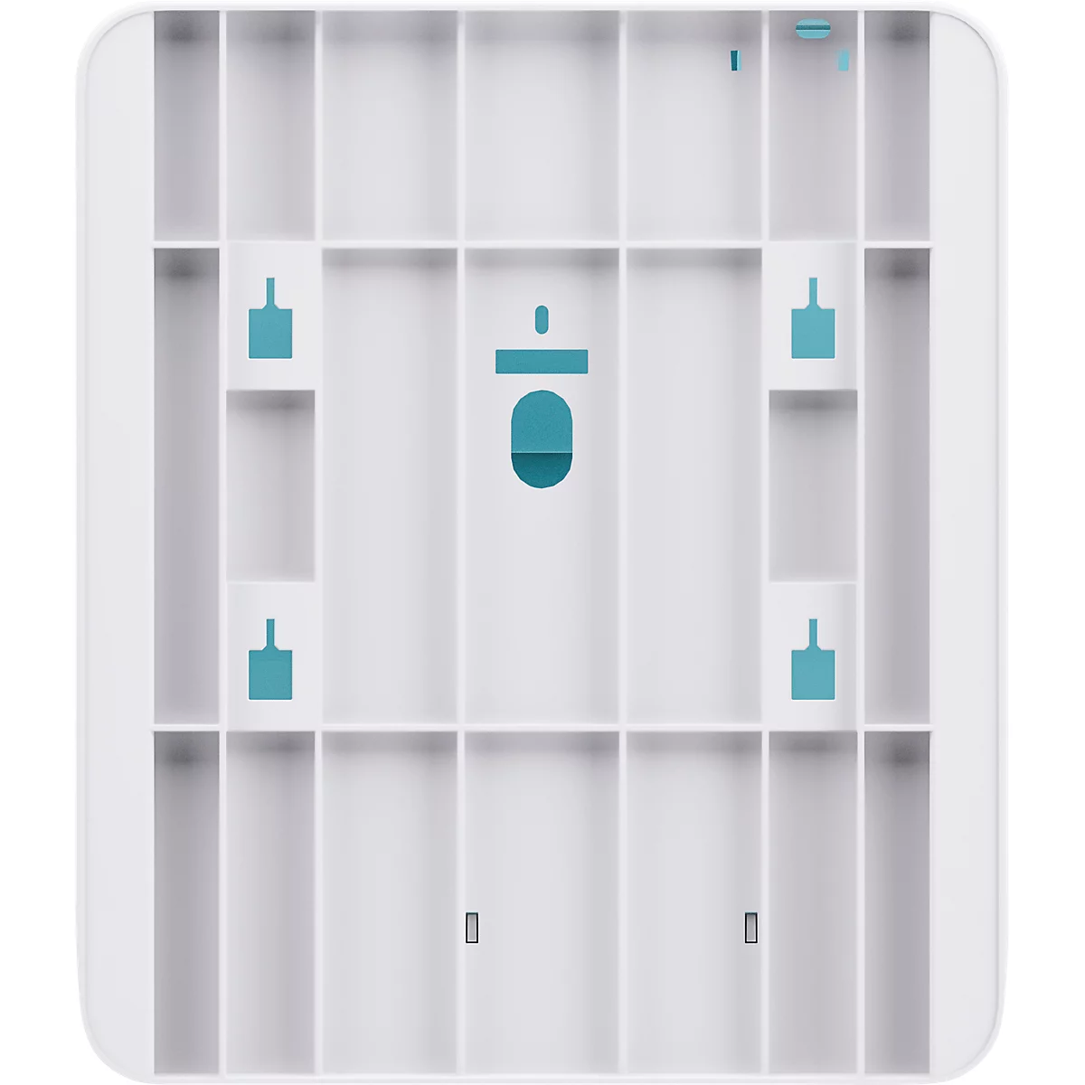 Wit, rechthoekig object met verticale en horizontale onderverdelingen, turquoise elementen.