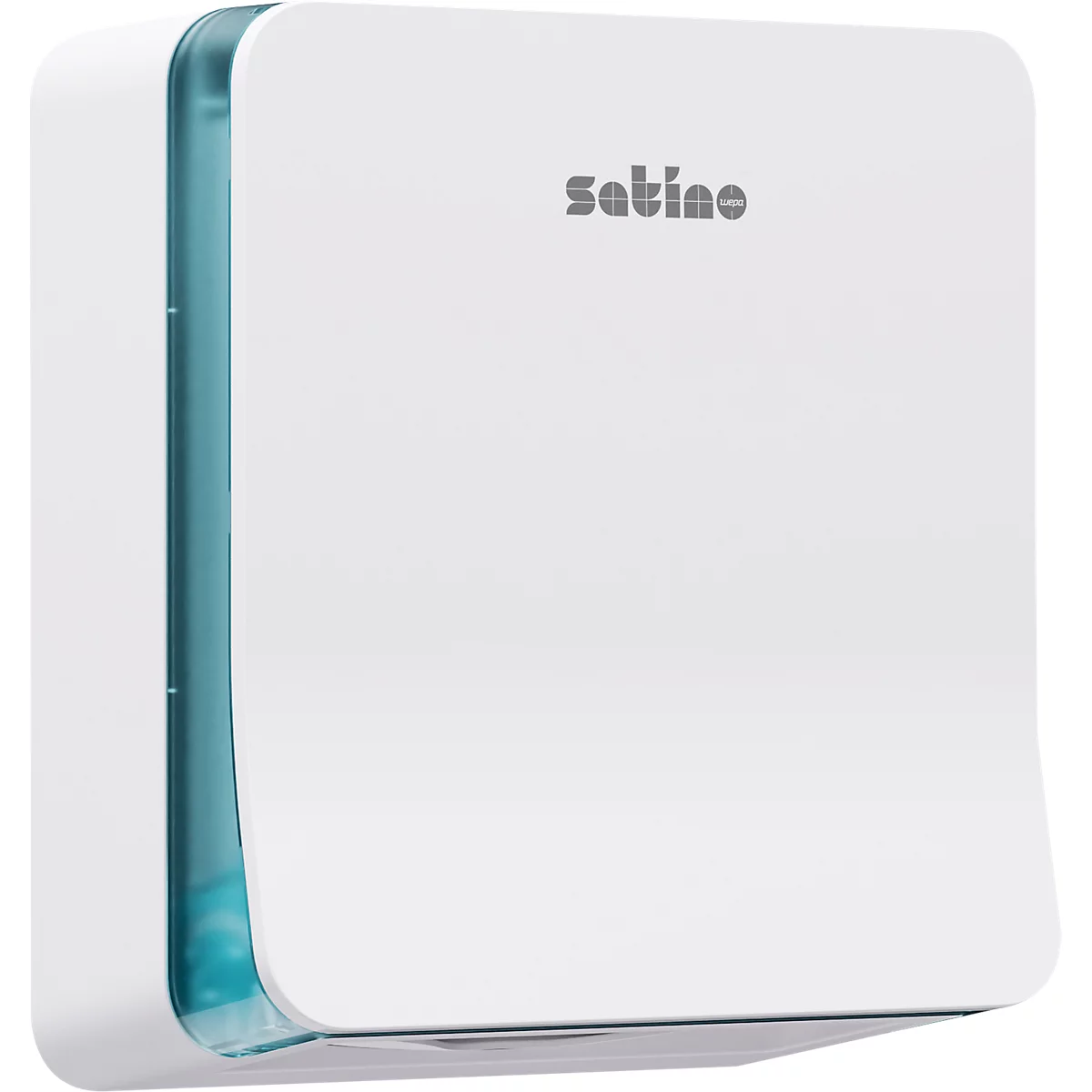 Witte wanddispenser met blauwe binnenrand, het logo "satino" is afgebeeld.