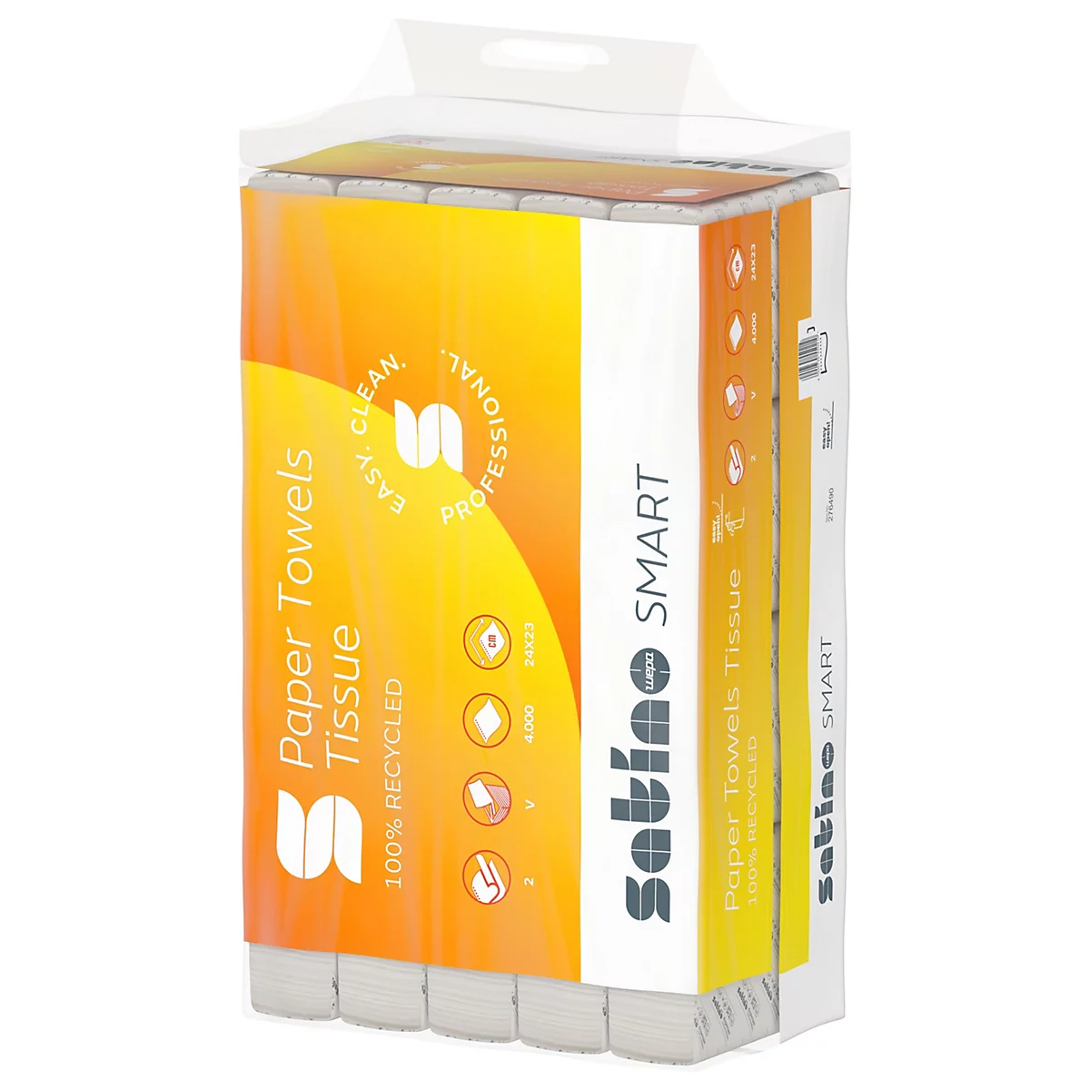 Verpakking papieren handdoeken in plasticfolie. Gedrukt: Satino Smart, Paper Towels Tissue, 100% Recycled.