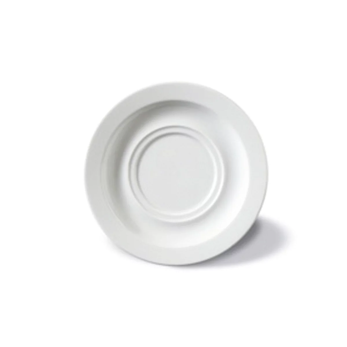 White saucer with a raised inner surface. The saucer is in front of a white background.