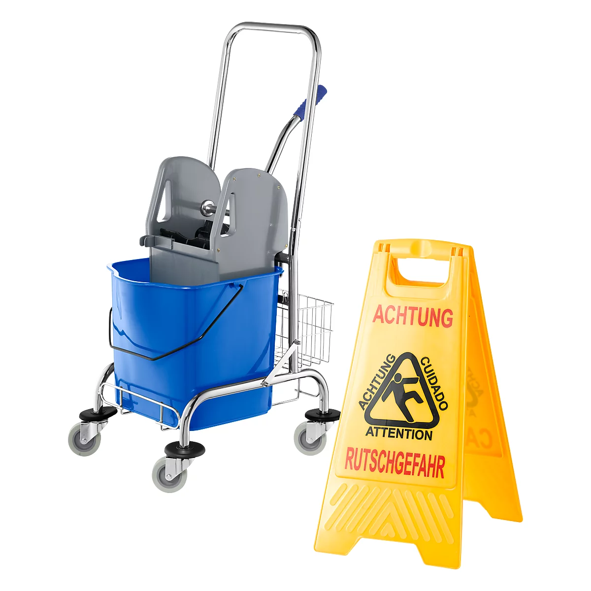 Blue mop bucket cart next to a yellow sign with "Attention Slippery" warning.