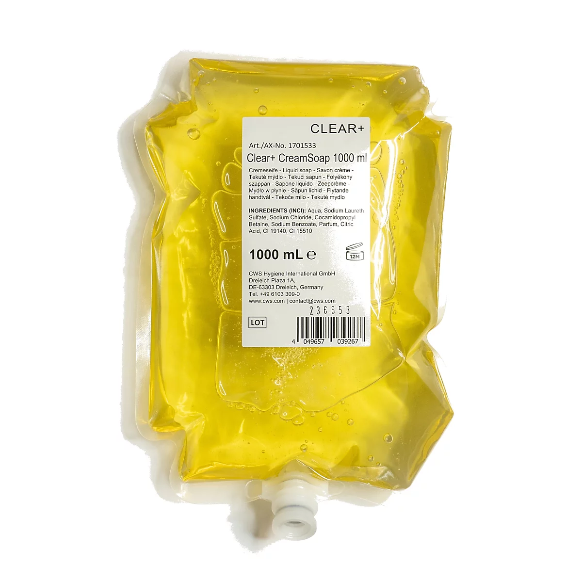 Recharge de savon liquide jaune 1000ml Clear+ CreamSoap avec étiquette blanche sur fond blanc.