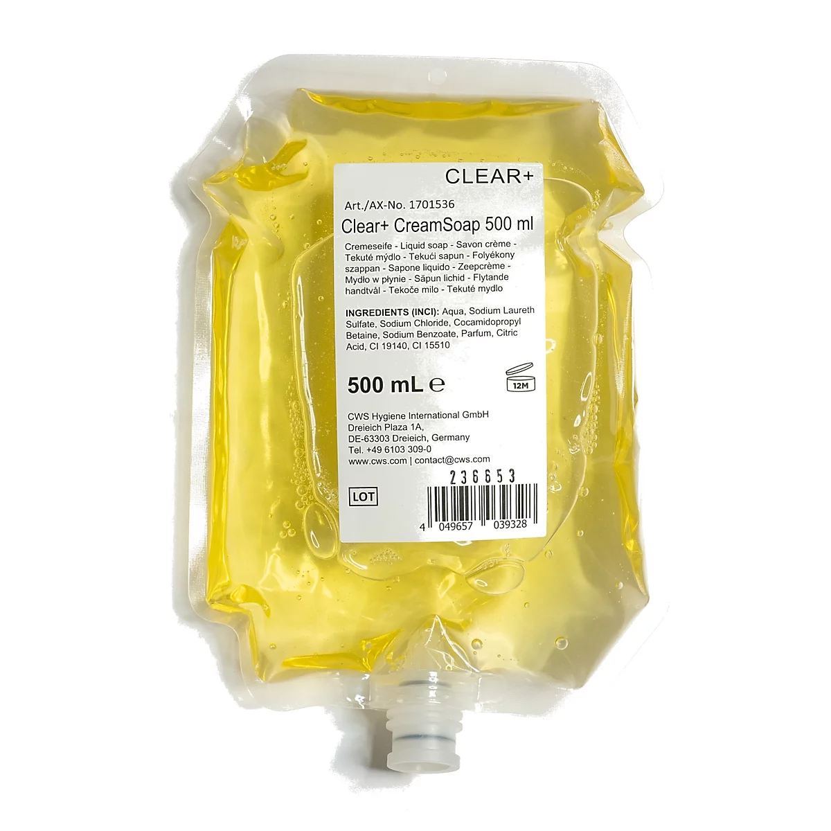 Recharge de 500 ml de savon crème jaune de Clear+. Étiquette blanche sur un sachet transparent.