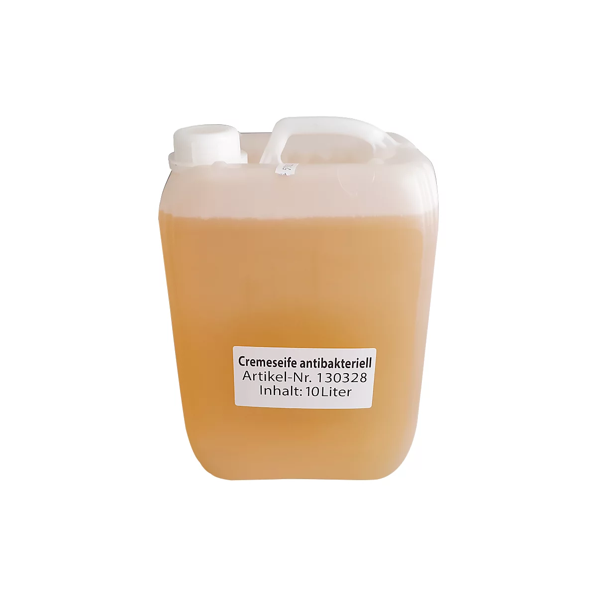 Savon crème beige dans un bidon en plastique rectangulaire avec poignée. Une étiquette affiche du texte.