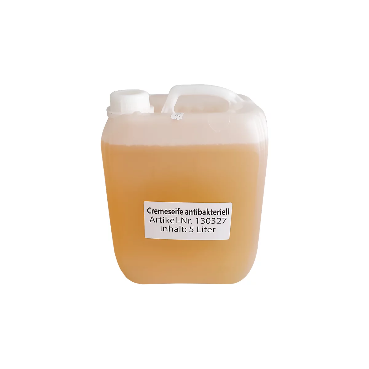Bidon de savon crémeux antibactérien. Inscription : savon crème, article n° 130327, contenu : 5 litres.