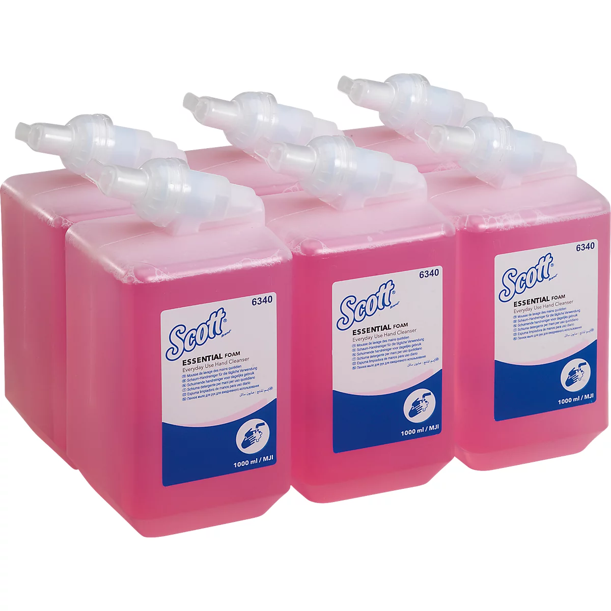 Plusieurs distributeurs de savon rose, avec l'étiquette "Scott Essential Foam".