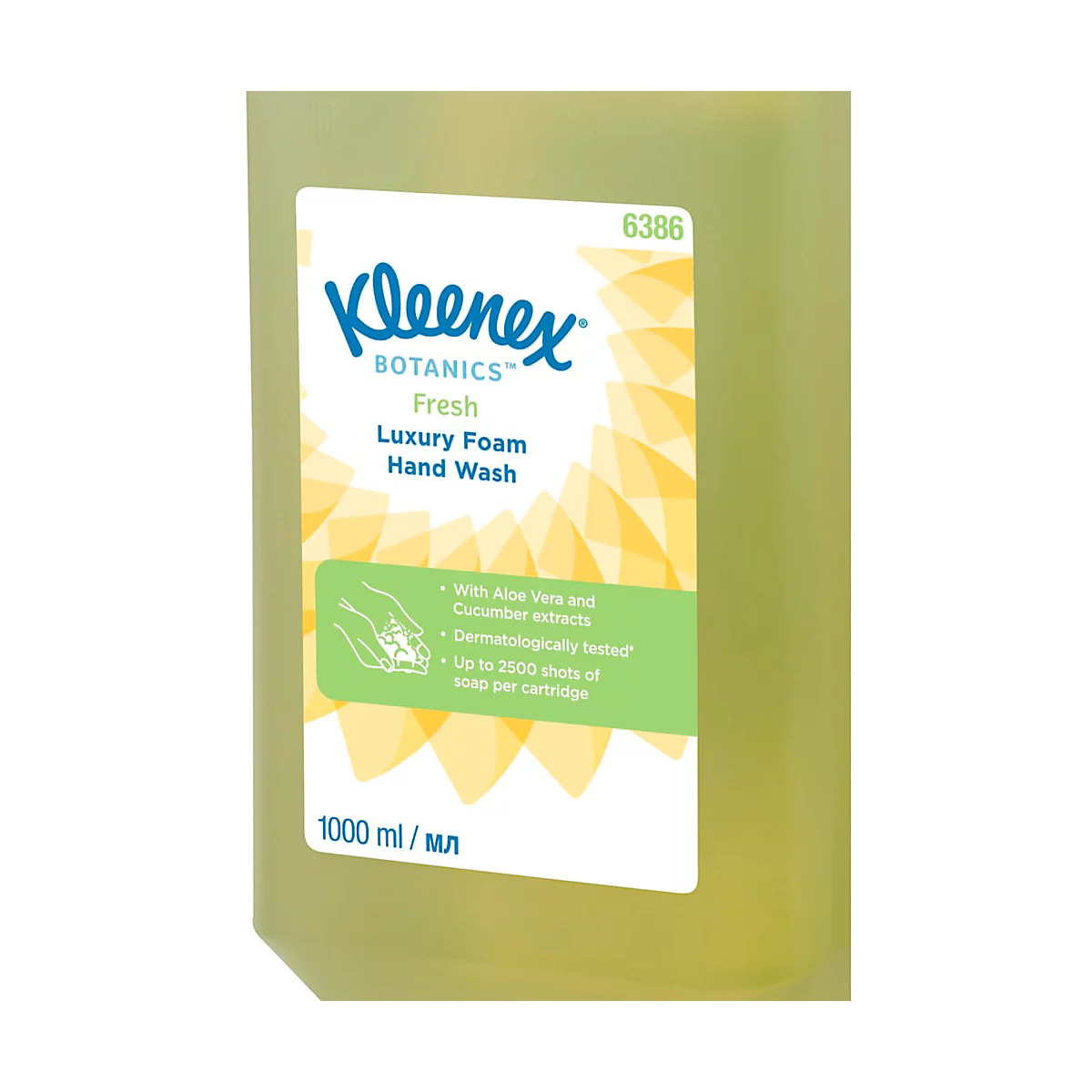 Gros plan sur une bouteille de distributeur de savon avec du savon pour les mains Kleenex Botanics, texte et détails, couleurs vertes et jaunes.