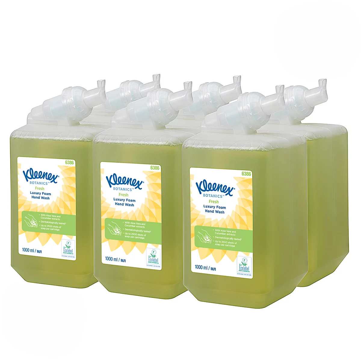 Plusieurs cartouches de désinfectant pour les mains Kleenex avec distributeur blanc et contenu vert. Inscription: Kleenex Botanics, Luxury Foam Hand Wash.