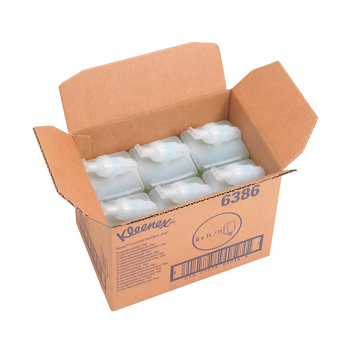 Boîte en carton contenant des distributeurs de désinfectant pour les mains. La boîte est ouverte et les distributeurs sont visibles.