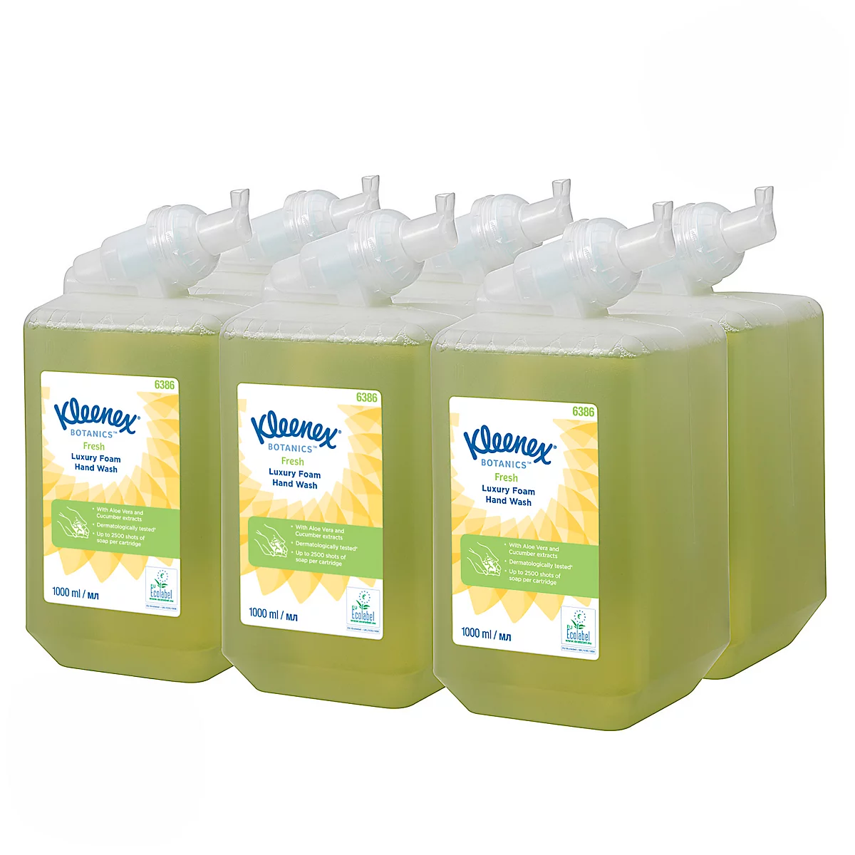 Plusieurs contenants de lavage des mains Kleenex côte à côte ; liquide jaune, distributeur blanc, étiquette tournesol.