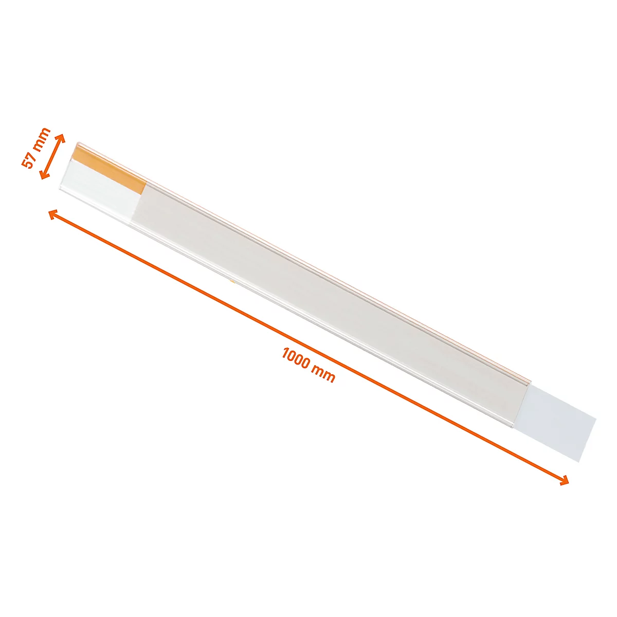 Recht wit LED profiel, lengte indicatie 1000 mm, met gele streep en afmeting 57 mm.