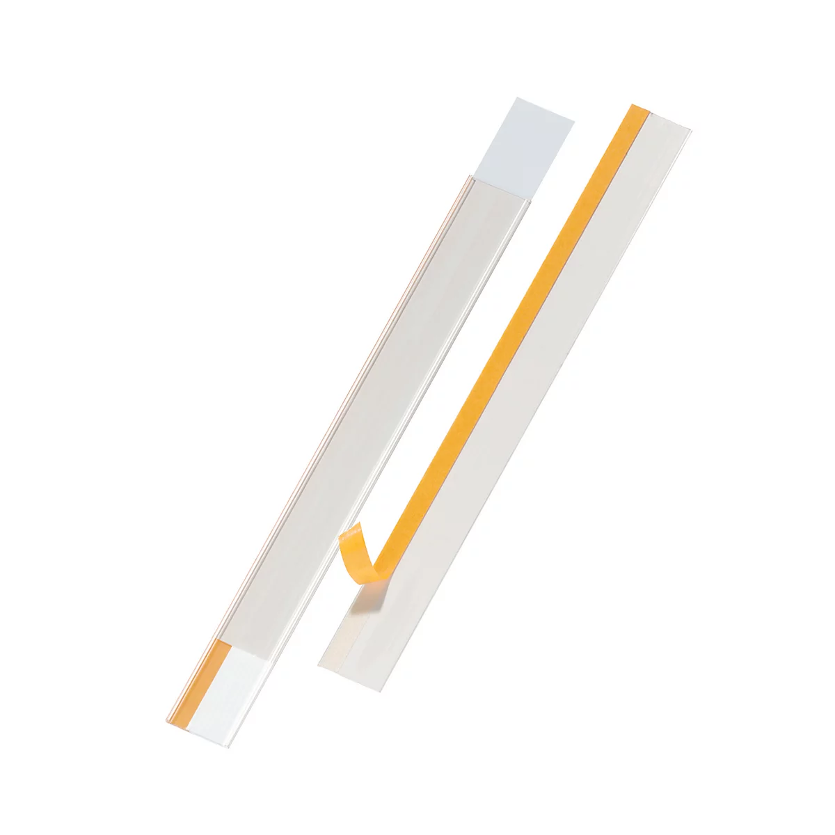 Twee witte strips met gele plakband, geïsoleerd op een witte achtergrond.