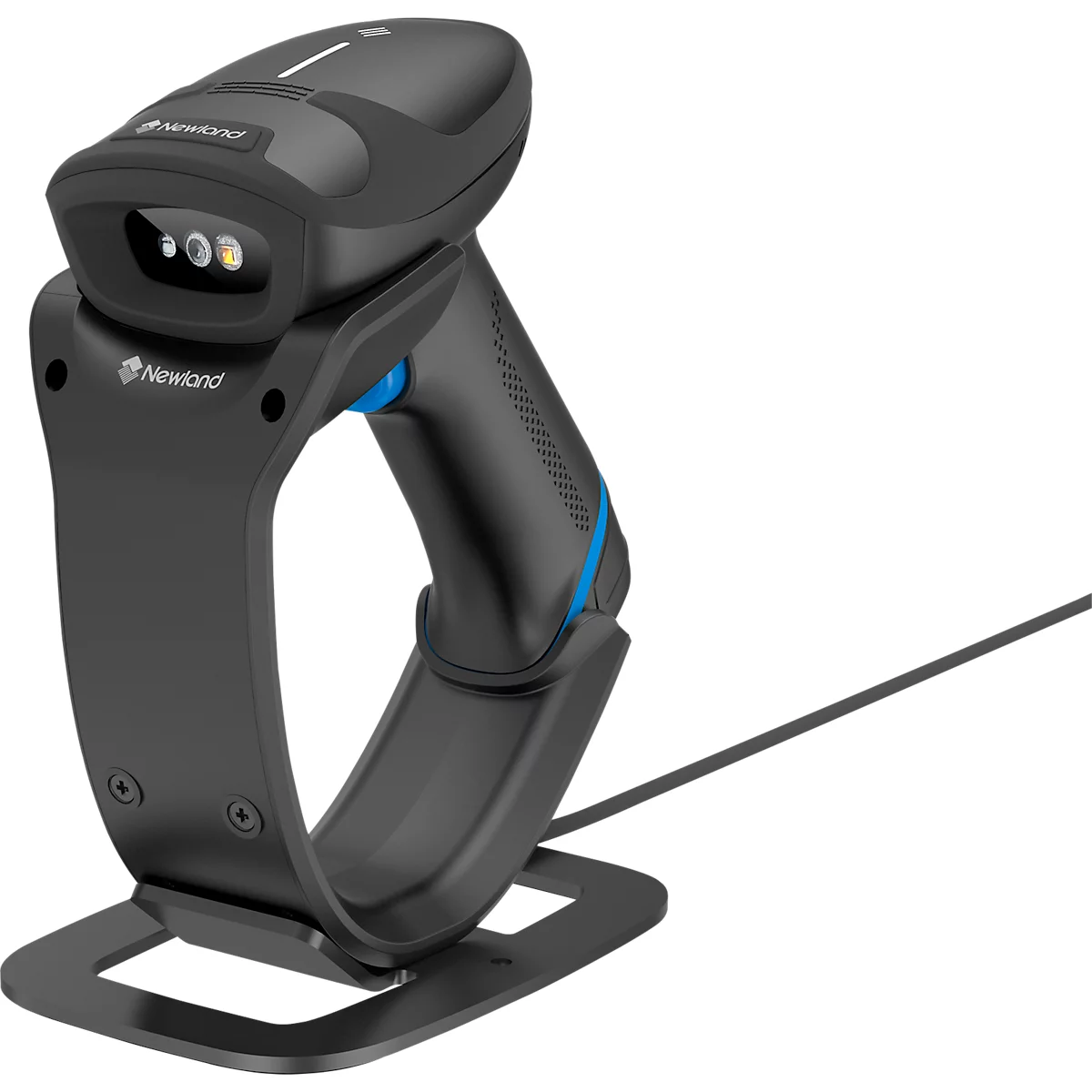 Scanner de codes-barres noir avec des touches de bleu, dans un support. Connexion par câble.