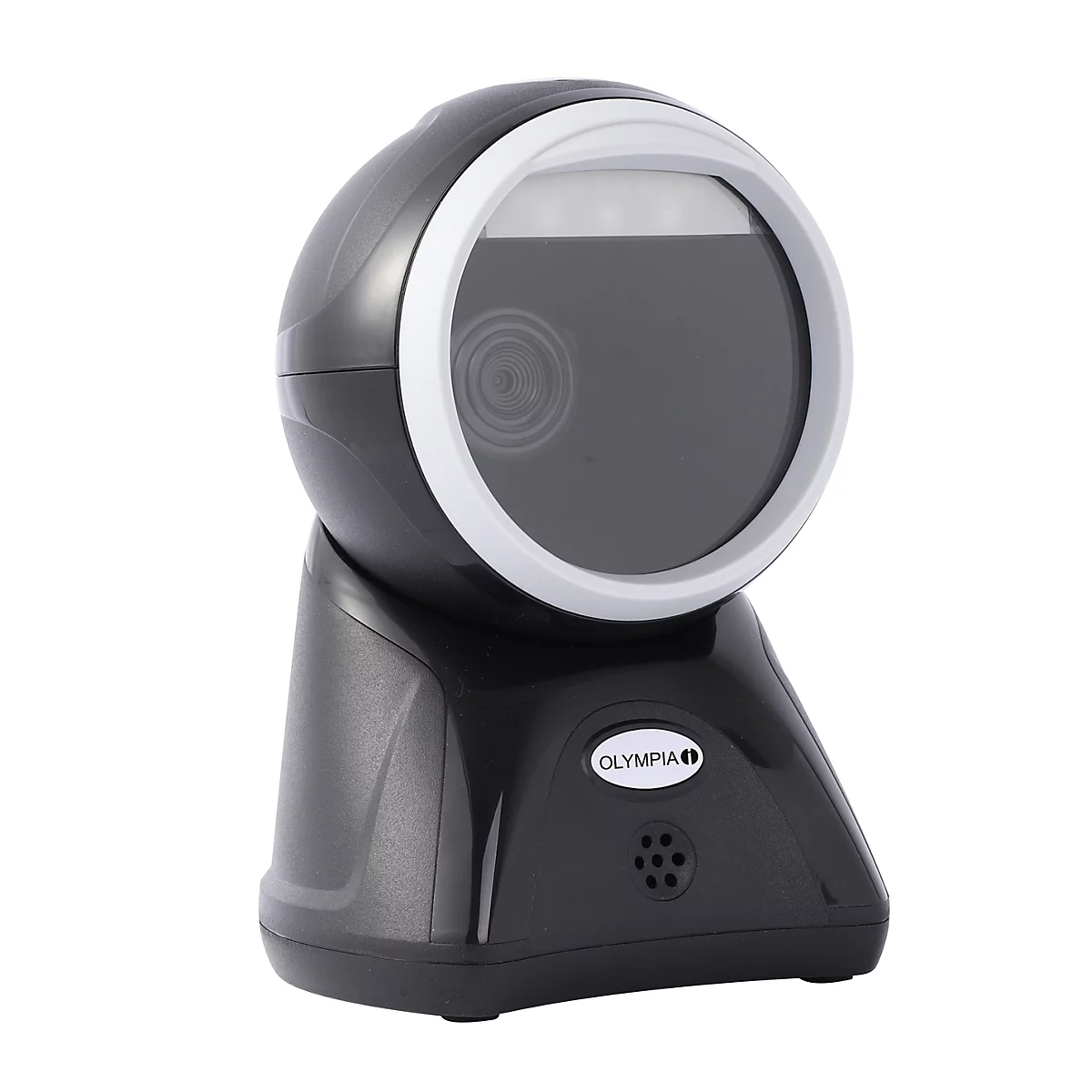 Scanner de code-barres noir avec bord blanc. Marque : Olympia. Sur fond clair.