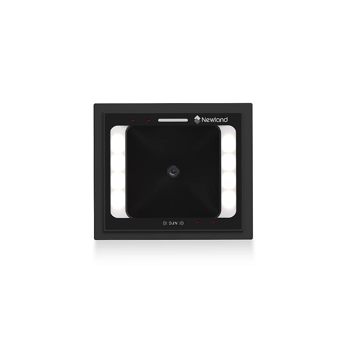 Scanner de code-barres noir avec un cadre blanc attaché à un câble noir.