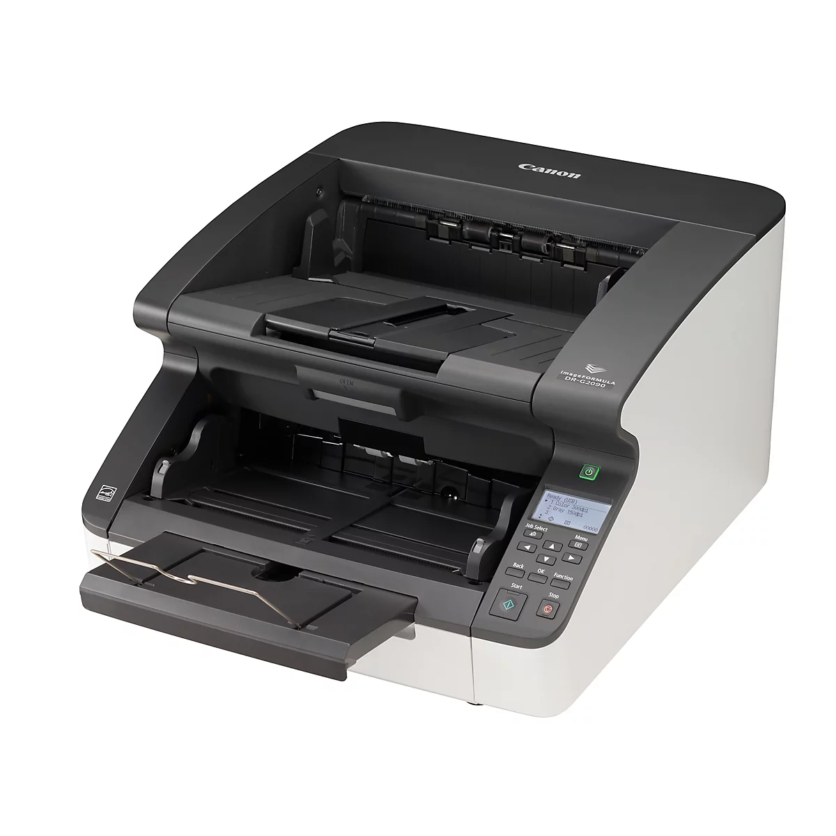 Un scanner Canon, noir et blanc. Le couvercle est ouvert, plusieurs commandes sont visibles.