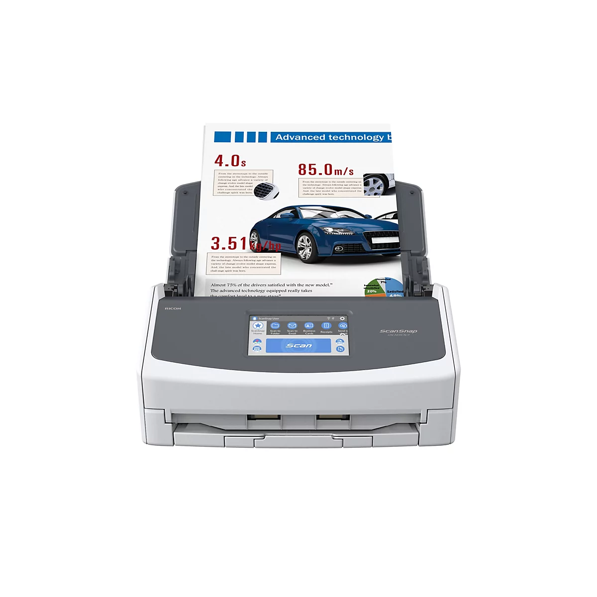 Un scanner gris avec une feuille de papier insérée, représentant une limousine bleue.