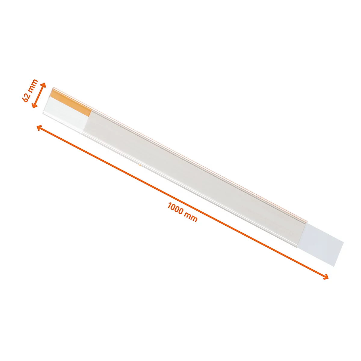 Langgestrecktes, weißes Produkt mit orangefarbenem Akzent. 1000 mm lang, 62 mm breit. Messangaben mit orangenen Linien.