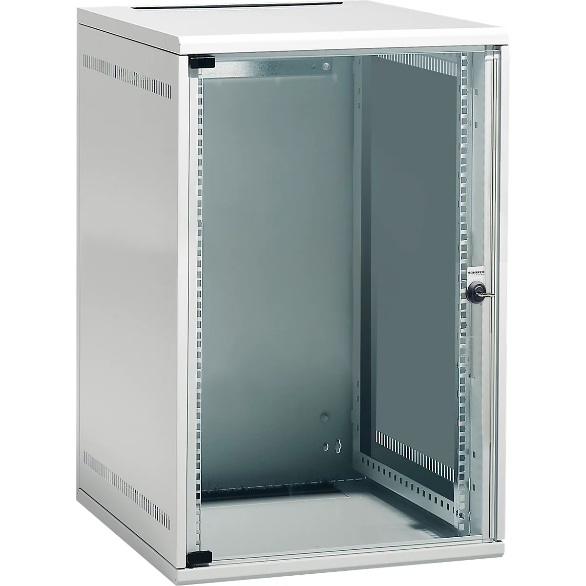 Open, white server rack with glass door and lock.