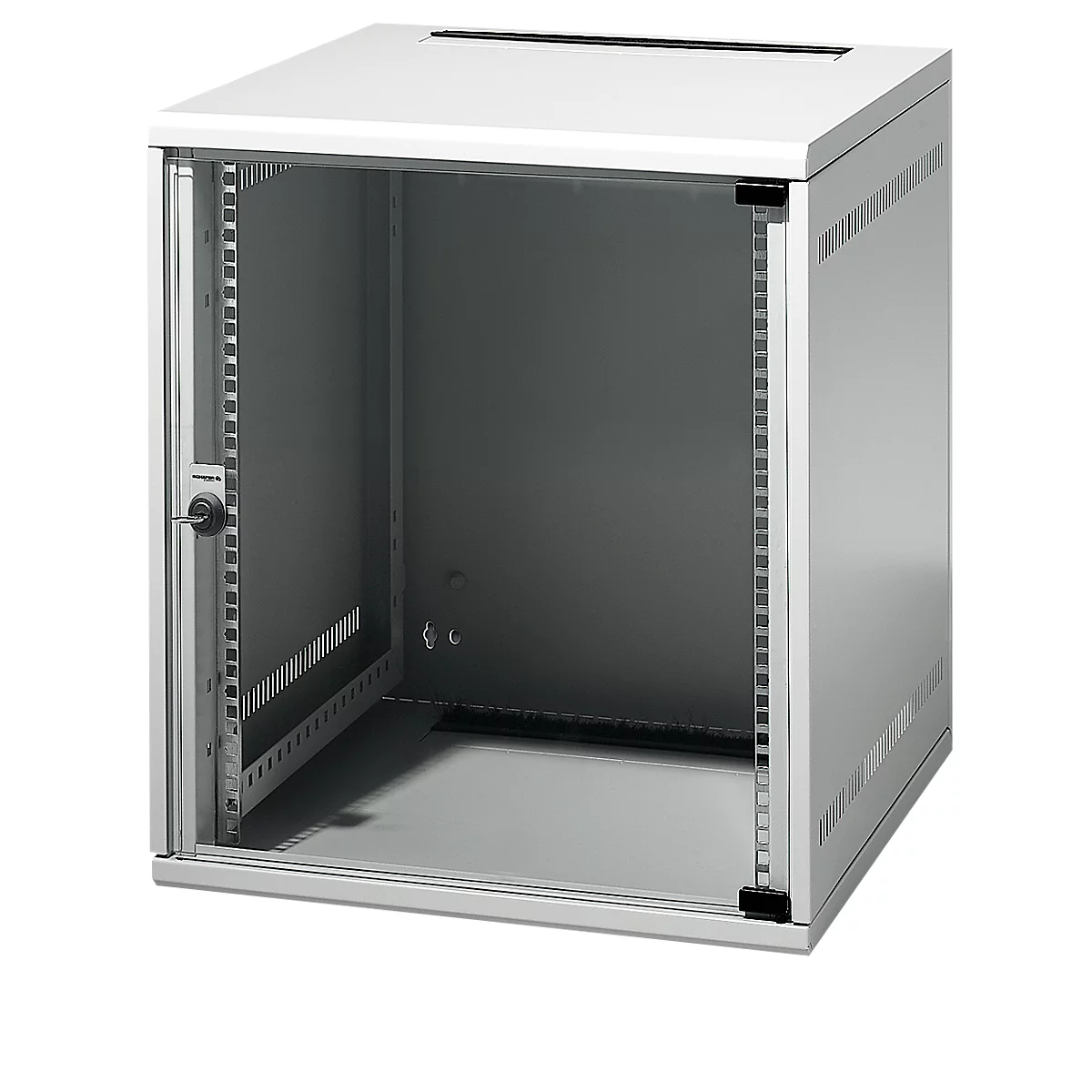 A gray server cabinet, the transparent door is open.