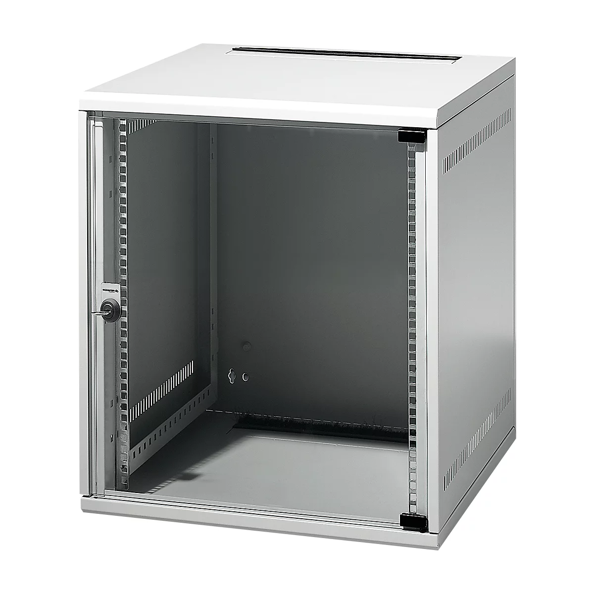 A grey server cabinet with a glass door and key.