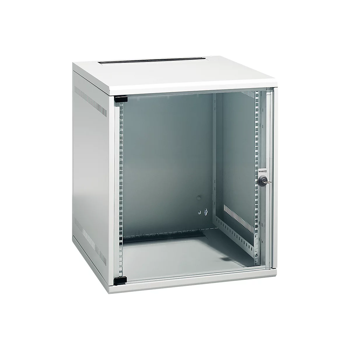 Open white server cabinet. A cabinet with a glass door and lock, viewed from the inside.
