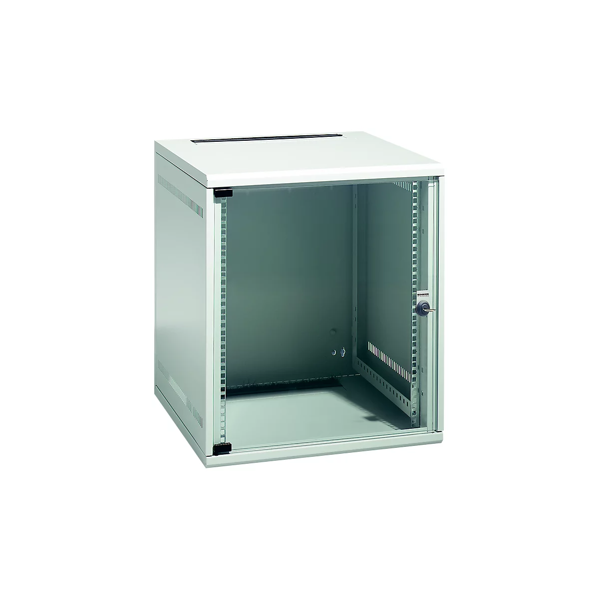 A white server cabinet with glass door, key and ventilation slots. The door is open.
