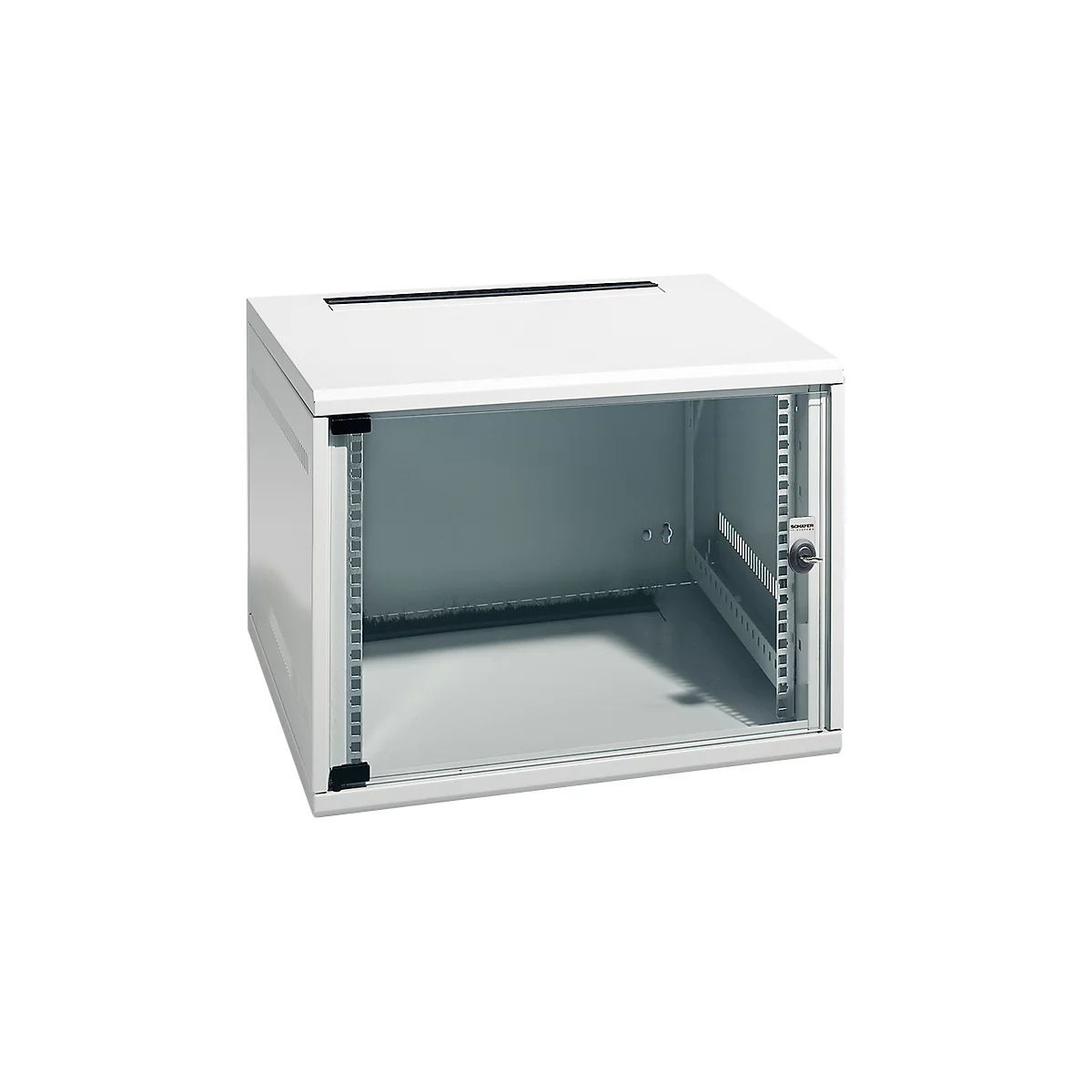 White server cabinet with glass front, open. The cabinet has a keyhole and ventilation slots at the top.