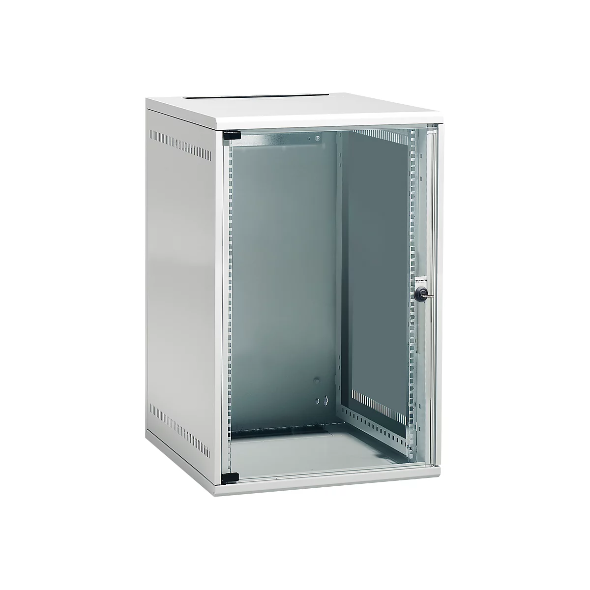 White server cabinet with glass front and door handle.