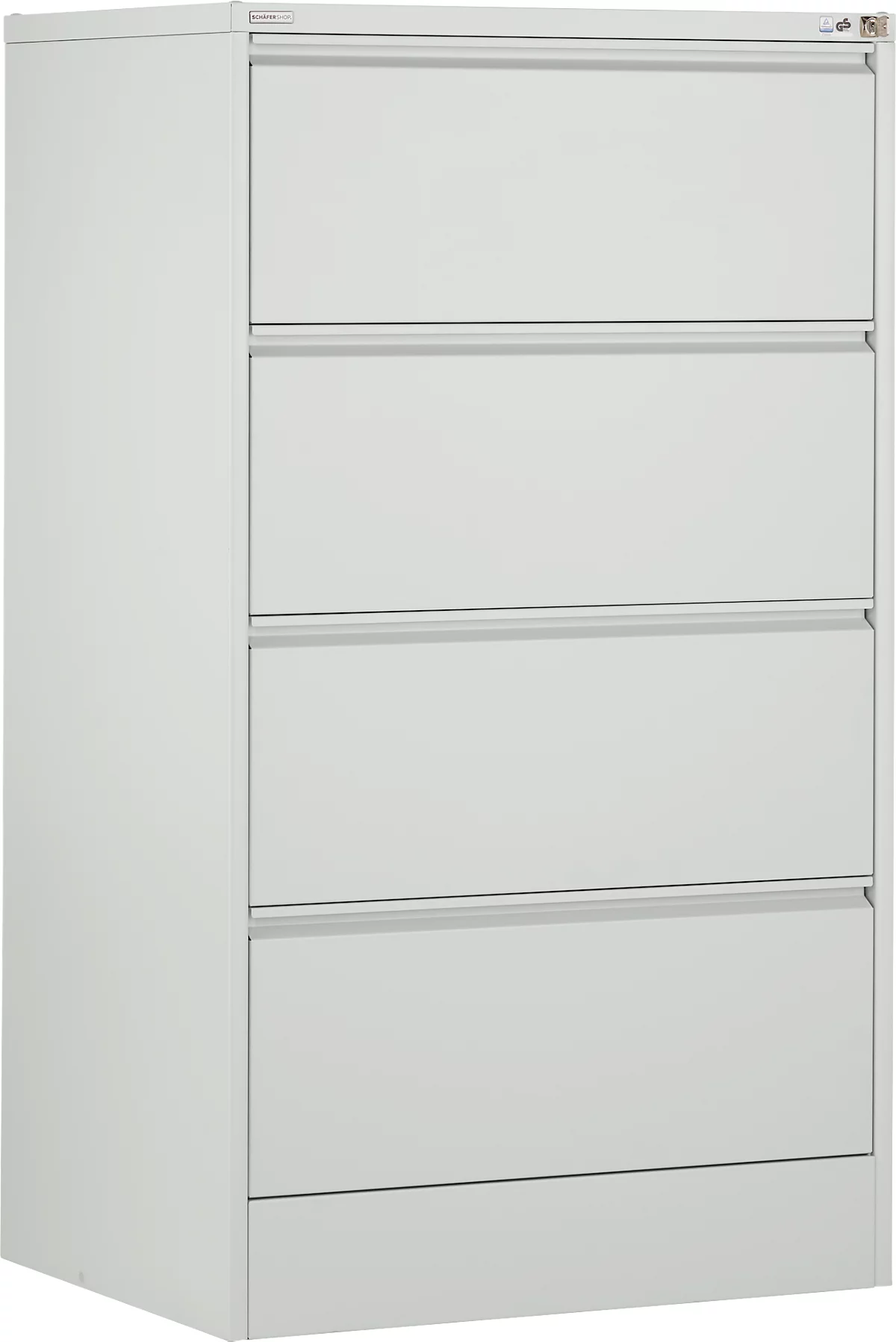Archivador gris con cuatro cajones. Metal, diseño sencillo, limpio, fondo neutro.
