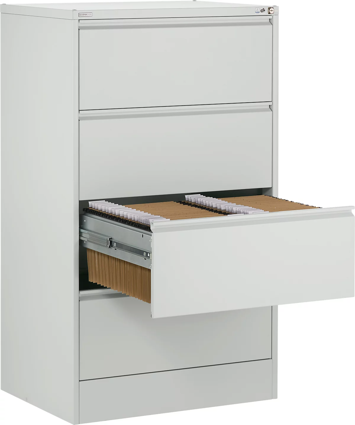 Un archivador blanco con cuatro cajones, uno de ellos abierto con archivos.