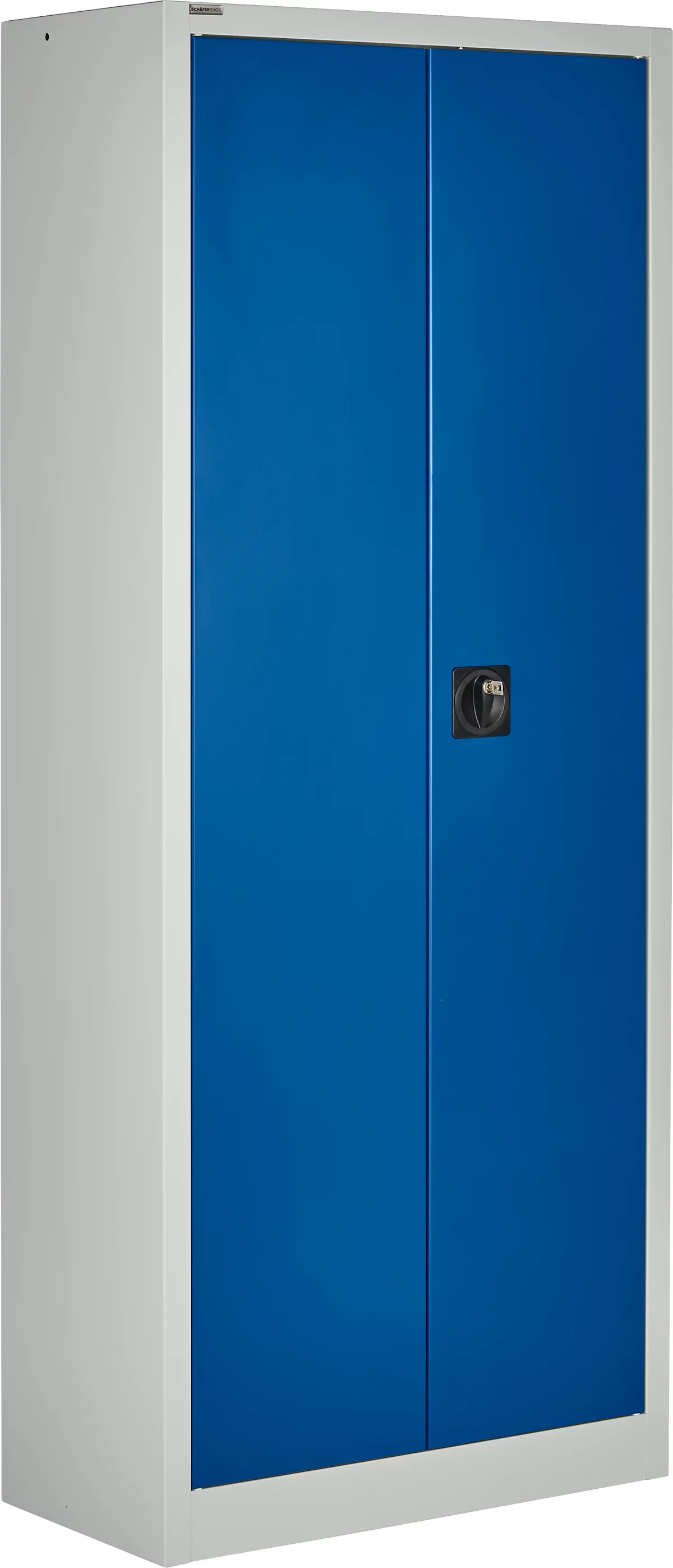Un armario de acero con laterales blancos y puertas azules. Hay una manija en el medio.