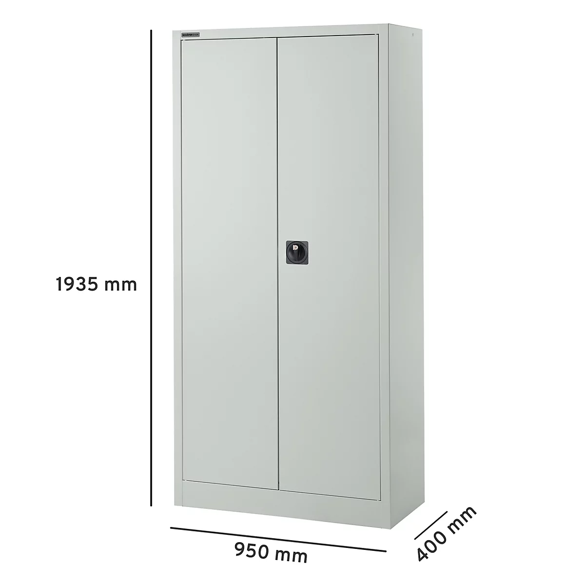 Archivo gris claro con dos puertas, dimensiones 1935 mm de alto, 950 mm de ancho, 400 mm de profundidad.
